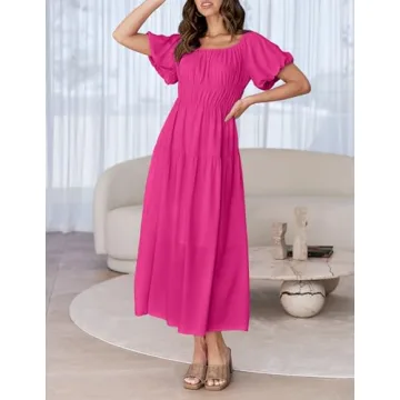 ZESICA Off Shoulder Puff Short Sleeve A Line Midi Dress