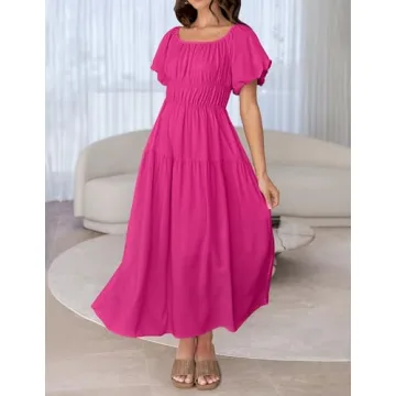 ZESICA Off Shoulder Puff Short Sleeve A Line Midi Dress
