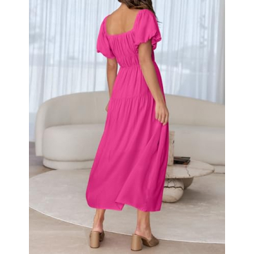 ZESICA Off Shoulder Puff Short Sleeve A Line Midi Dress