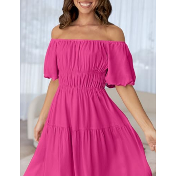 ZESICA Off Shoulder Puff Short Sleeve A Line Midi Dress