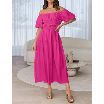 ZESICA Off Shoulder Puff Short Sleeve A Line Midi Dress