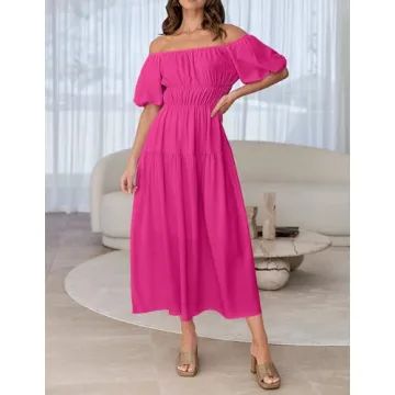 ZESICA Off Shoulder Puff Short Sleeve A Line Midi Dress