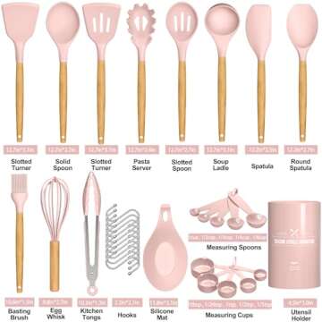 Umite Chef Silicone Kitchen Utensils Set, 33 Piece Non-Stick Kitchen Utensils with Stand, Wooden Handle, Pink