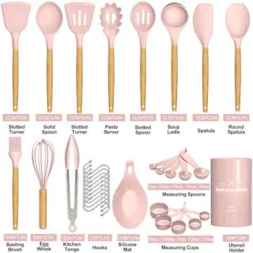 Umite Chef Silicone Kitchen Utensils Set, 33 Piece Non-Stick Kitchen Utensils with Stand, Wooden Handle, Pink