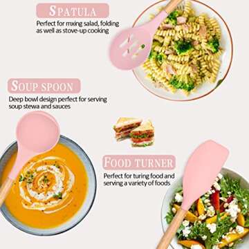 Umite Chef Silicone Kitchen Utensils Set, 33 Piece Non-Stick Kitchen Utensils with Stand, Wooden Handle, Pink