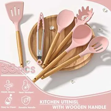 Umite Chef Silicone Kitchen Utensils Set, 33 Piece Non-Stick Kitchen Utensils with Stand, Wooden Handle, Pink