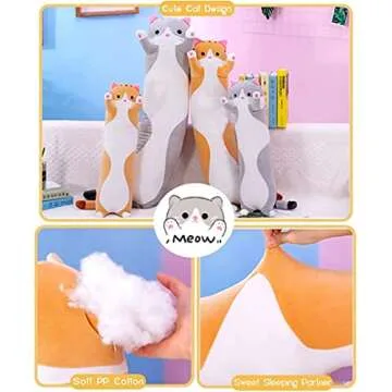 Cute Cat Plush Long Body Pillow Cuddle Cartoon Stuffed Animals Cat Plushie Soft Doll Pillows Gifts for Kids Girls (Orange, 19")