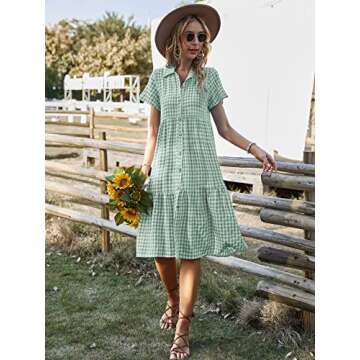 Vaiaye Women Dress Smock Plaid Midi Dresses A Line Lapel Gingham Midi Dress Short Sleeve Loose Shirt Button Down Sundress A-Green