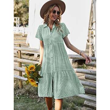 Vaiaye Women Dress Smock Plaid Midi Dresses A Line Lapel Gingham Midi Dress Short Sleeve Loose Shirt Button Down Sundress A-Green