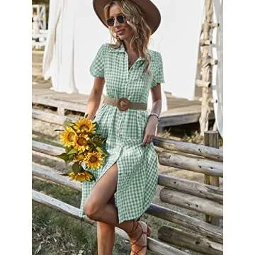 Vaiaye Women Dress Smock Plaid Midi Dresses A Line Lapel Gingham Midi Dress Short Sleeve Loose Shirt Button Down Sundress A-Green