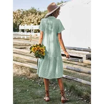 Vaiaye Women Dress Smock Plaid Midi Dresses A Line Lapel Gingham Midi Dress Short Sleeve Loose Shirt Button Down Sundress A-Green