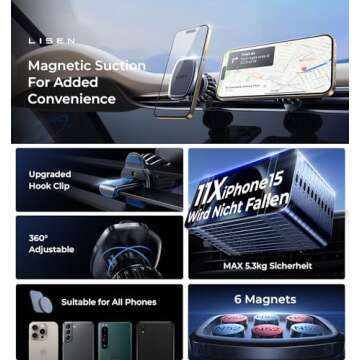 LISEN Magnetic Phone Holder for Car Upgraded Clip Ultra Car Phone Holder 6 Strong Magnets Cell Phone...