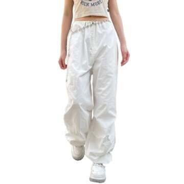 KMBANGI Women Baggy Cargo Pants Y2K High Waisted Wide Leg Loose Casual Pants Trousers Streetwear(White,S)