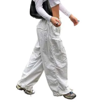 KMBANGI Women Baggy Cargo Pants Y2K High Waisted Wide Leg Loose Casual Pants Trousers Streetwear(White,S)