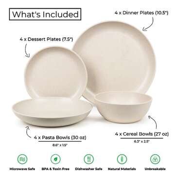 Grow Forward 16-piece Premium Wheat Straw Dinnerware Sets for 4 - Dinner Plates, Dessert Plates, Pasta Bowls, Cereal Bowls - Microwave Safe Plastic Plates and Bowls Sets, RV, Camping Dishes - Sahara