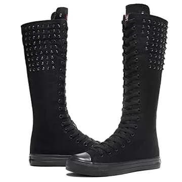 Momuk Punk Style Long Rivet Canvas Boots - Comfortable Knee High Fashion