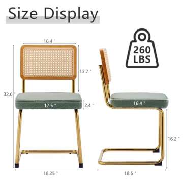 FOREDO Rattan Dining Chairs Set of 2, Mid Century Modern Sherpa Dining Room Kitchen Chairs with Cane Back, Metal Chrome Legs, Upholstered Wicker Armless Accent Chairs, Green