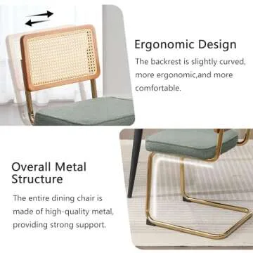 FOREDO Rattan Dining Chairs Set of 2, Mid Century Modern Sherpa Dining Room Kitchen Chairs with Cane Back, Metal Chrome Legs, Upholstered Wicker Armless Accent Chairs, Green