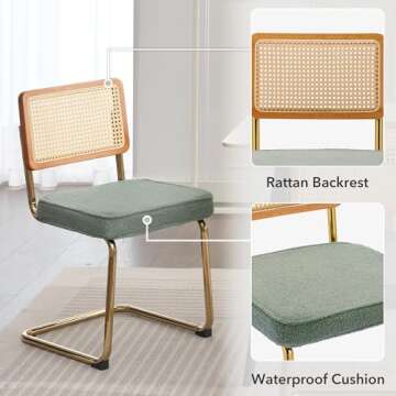 FOREDO Rattan Dining Chairs Set of 2, Mid Century Modern Sherpa Dining Room Kitchen Chairs with Cane Back, Metal Chrome Legs, Upholstered Wicker Armless Accent Chairs, Green