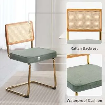 FOREDO Rattan Dining Chairs Set of 2, Mid Century Modern Sherpa Dining Room Kitchen Chairs with Cane Back, Metal Chrome Legs, Upholstered Wicker Armless Accent Chairs, Green