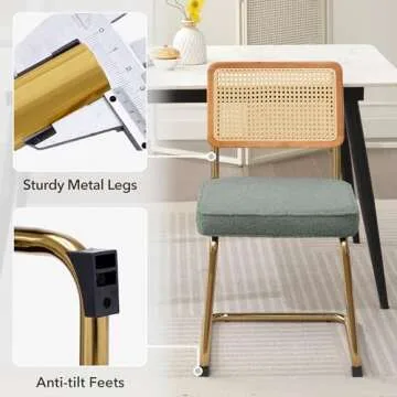 FOREDO Rattan Dining Chairs Set of 2, Mid Century Modern Sherpa Dining Room Kitchen Chairs with Cane Back, Metal Chrome Legs, Upholstered Wicker Armless Accent Chairs, Green