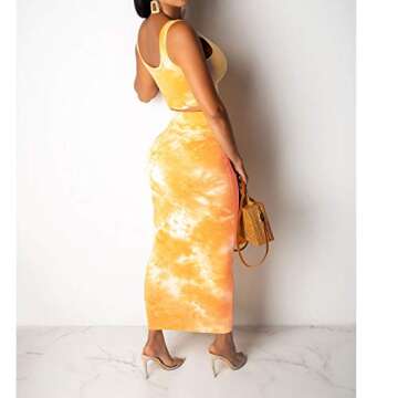 IyMoo Women's Casual Summer Tye Die Tank Crop Top Maxi Skirt Set Bodycon 2 Piece Floral Dress Gold Ombre S