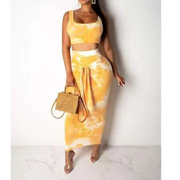 IyMoo Women's Casual Summer Tye Die Tank Crop Top Maxi Skirt Set Bodycon 2 Piece Floral Dress Gold Ombre S