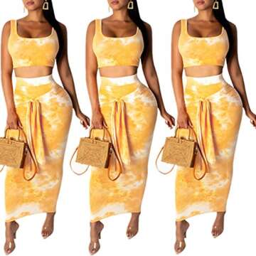 IyMoo Women's Casual Summer Tye Die Tank Crop Top Maxi Skirt Set Bodycon 2 Piece Floral Dress Gold Ombre S