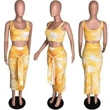 IyMoo Women's Casual Summer Tye Die Tank Crop Top Maxi Skirt Set Bodycon 2 Piece Floral Dress Gold Ombre S