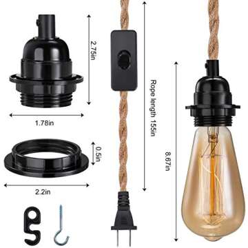 Elibbren Plug in Pendant Light Cord Kit with Switch, Vintage Hanging Light Cord with 13.12FT Twisted Hemp Rope Plug in Pendant, Industrial Pendant Lighting E26 Lamp Socket, Plug in Lamp Fixture 1 Pack