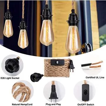 Elibbren Plug in Pendant Light Cord Kit with Switch, Vintage Hanging Light Cord with 13.12FT Twisted Hemp Rope Plug in Pendant, Industrial Pendant Lighting E26 Lamp Socket, Plug in Lamp Fixture 1 Pack