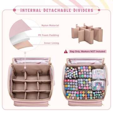Rexmica Large Marker Organizer Case for 180 Markers, Marker Storage Bag for Markers, Paint Brushes, Colored Pencils or Other Art Supplies with Dividers and Shoulder Strap, Pink (Patented Design)