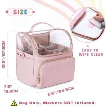 Rexmica Large Marker Organizer Case for 180 Markers, Marker Storage Bag for Markers, Paint Brushes, Colored Pencils or Other Art Supplies with Dividers and Shoulder Strap, Pink (Patented Design)