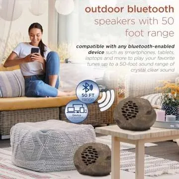 Alpine Corporation - Waterproof Bluetooth Solar-Powered Outdoor Wireless Rock Speaker – 50 Foot Range – Durable Wireless Outdoor Sound System for Patio, Garden, Yard, and Pool Area (Set of 2)