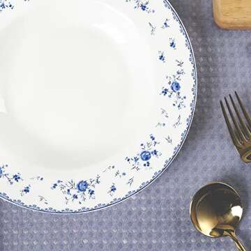fanquare 8 Inch Porcelain Soup Bowls Set of 4, Round Pasta Plates Set for Salad, Dessert, Snack, Blue Roses