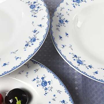 fanquare 8 Inch Porcelain Soup Bowls Set of 4, Round Pasta Plates Set for Salad, Dessert, Snack, Blue Roses