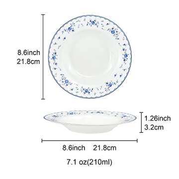 fanquare 8 Inch Porcelain Soup Bowls Set of 4, Round Pasta Plates Set for Salad, Dessert, Snack, Blue Roses