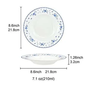 fanquare 8 Inch Porcelain Soup Bowls Set of 4, Round Pasta Plates Set for Salad, Dessert, Snack, Blue Roses