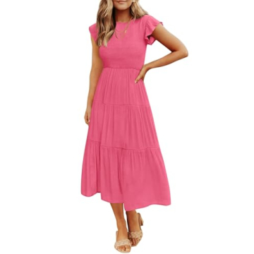 ZESICA Women's Summer Casual Flutter Short Sleeve Smocked Tiered Midi Dress - Hot Pink - X-Small