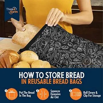 THINK4EARTH® - 2 Packs Bread Bags, Bread Bags for Homemade Bread Loaf, Freezer Bread Storage Bag, Bread Container, Reusable Food Storage Bag, Large Bread Bags for Homemade Bread with Double Lining.