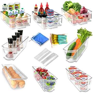Favbal Set of 8 Clear Pantry Organizers - Plastic Refrigerator Bins with Handles, Food Containers for Fridge Freezer Kitchen Cabinet Organization and Storage (3 Wide & 4 Narrow & 1 Egg Holder)