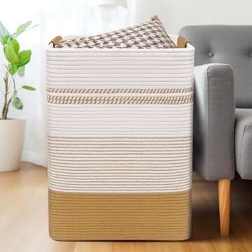DOFASAYI Laundry Hamper - 85L Large Laundry Basket with Leather Handles, Decorative Storage Basket for Blankets - Clothes Hamper for Living Room, Bedroom, Jute & White