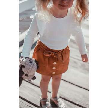 DUBASAM Trendy Kids Toddler Baby Girl Fall Outfit Ruffle Long Sleeve Knit Blouse Pullover Top Mini Skirt with Belt Clothes (White +brown, 3-4 Years)