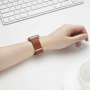POWER PRIMACY Leather Bands Compatible with Apple Watch Band 38mm 40mm 41mm 42mm-Series 10,Genuine Leather Strap Compatible for Women Men iWatch SE Series 10 9 8 7 6 5 4 3 2 1(Brown/Plating Gold)