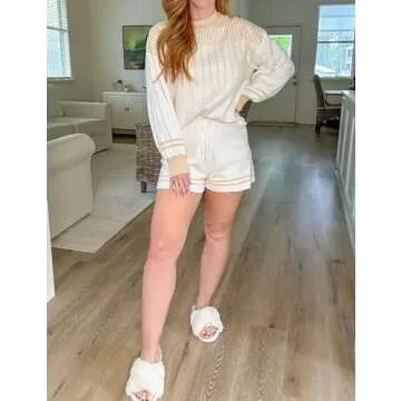 Gihuo Women' s Striped 2 Piece Outfits Crewneck Knit Pullover Sweater Shorts Set Wide Leg Matching Set Loungewear(Apricot-XS)