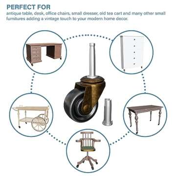 Antique Brass Casters with Rubber Wheels 1-5/8" Stem Caster Replacement for Chairs, Sofa, Dresser | Vintage Furniture Rollers for Hardwood Floor Set of 4
