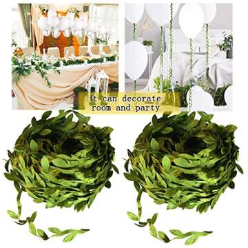 KEHAWK 2PCS 66FT Artificial Vines Fake Hanging Plants Leaves Ribbon Leaf Vine Trim Foliage Rattan DIY Wreath Foliage Green Leaves Ribbon Decorative Home Wall Garden Wedding Party Wreaths Decor