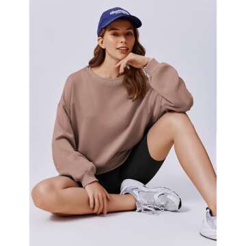 PINSPARK Womens Crewneck Sweatshirt Long Sleeve Pullover Tops Stretch Fall Outfits Y2K Sweat Shirts with Pockets, Taupetastic Small
