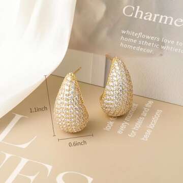 GELVTIC Chunky Gold Hoop Earrings Silver Teardrop Earrings for Women Water Drop Earrings Dupes Lightweight Dangling Earrings Rhinestone Crystal Dangle Earrings Cubic Zirconia Earrings Wedding Bridal