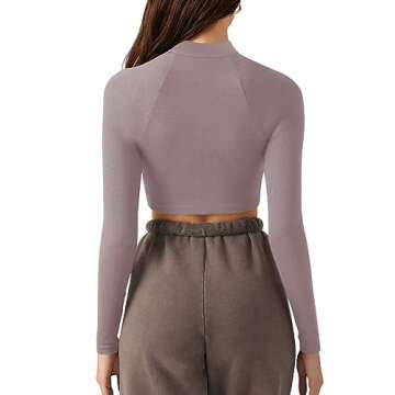 LASLULU Long Sleeve Workout Jacket Crop Tops Active Yoga Athletic Sweatshirts Zipper Up Seamless Gym Sport Going Out Tops(Gray Purple Small)